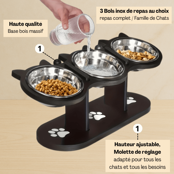 Gamelle chat surélevée triple 3 bols adapté pour aliment croquettes et eau avec hauteur ajustable FéliMood™