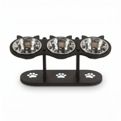 Gamelle chat surélevée hauteur réglable triple bols inox amovibles support noir