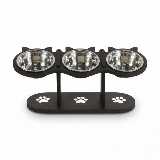 Gamelle chat surélevée hauteur réglable triple bols inox amovibles support noir