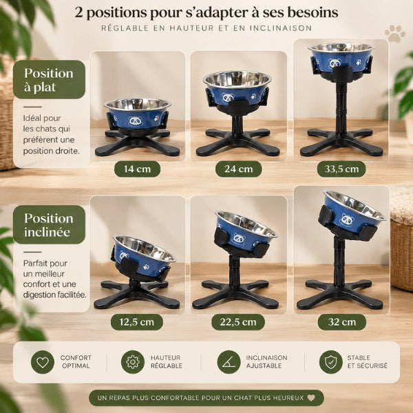 Gamelle chat surélevée offrant plusieurs hauteurs et inclinaisons selon ses besoins