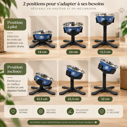 Gamelle chat surélevée offrant plusieurs hauteurs et inclinaisons selon ses besoins