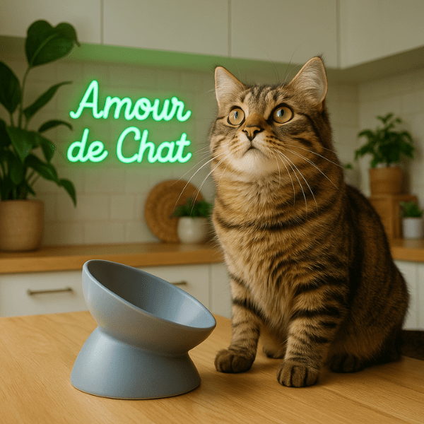 Gamelle chat surélevée inclinée céramique grise ronde et félin tigré dans cuisine attend repas - BowlMagic™