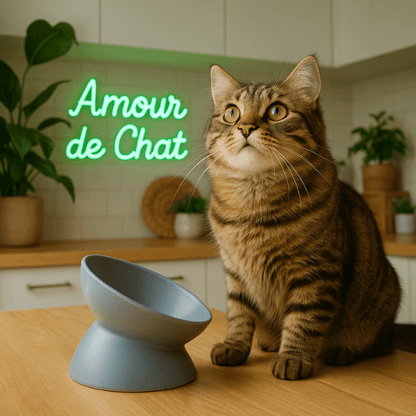 Gamelle chat surélevée inclinée céramique grise ronde et félin tigré dans cuisine attend repas - BowlMagic™