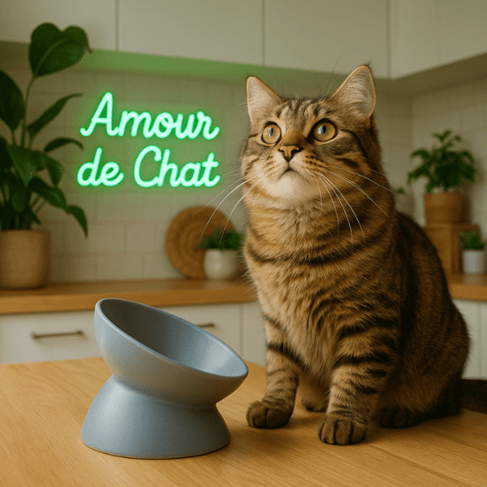 Gamelle chat surélevée inclinée céramique grise ronde et félin tigré dans cuisine attend repas - BowlMagic™