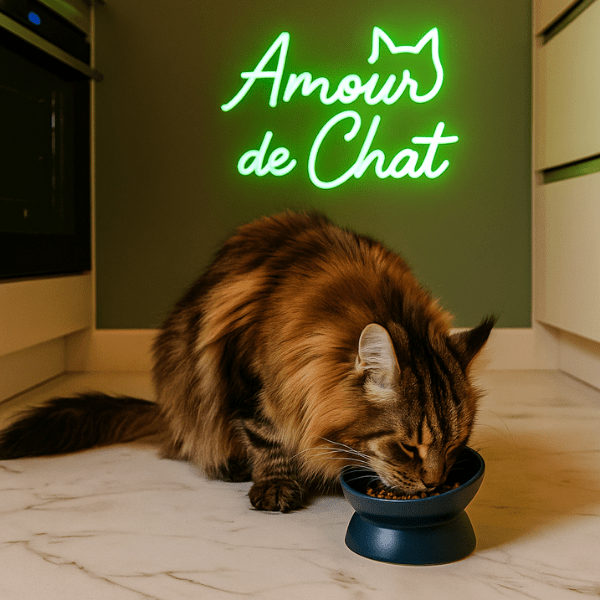 Gamelle chat surélevée inclinée céramique bleu avec maine coon qui mange croquettes - BowlMagic™