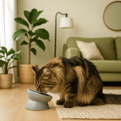 Gamelle chat surélevée inclinée ronde grise avec maine coon qui mange croquettes dans salon - BowlMagic™