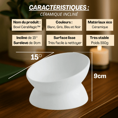 Gamelle chat surélevée inclinée 15° ronde blanche caractéristiques et facile à nettoyer - BowlMagic™