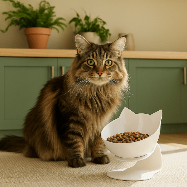 Gamelle chat surélevée simple blanche tête chat avec croquettes et maine coon dans cuisine - Snack Fantôme™
