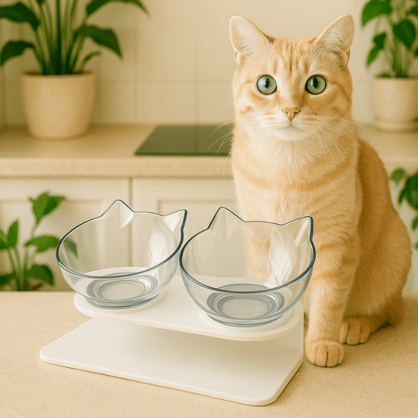 Gamelle chat surélevée double bol transparent design avec félin tigré beige dans cuisine - Snack Fantôme™