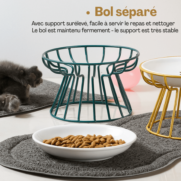 Gamelle chat surélevée céramique 2en1 avec bol amovible séparé et support en fer bleu - Trône Gourmet™