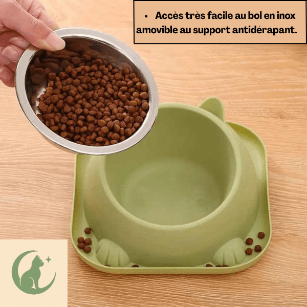Gamelle chaton avec bol inox amovible croquettes et support antidérapant antisalissures vert - Bowl Design™