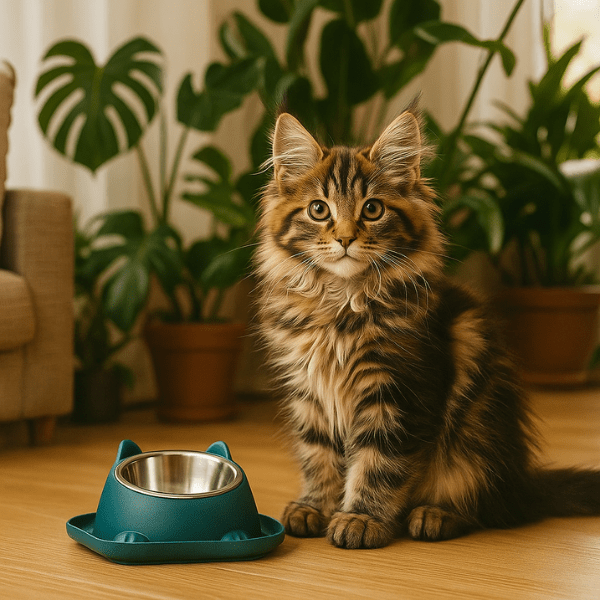 Gamelle chaton bol inox support surélevé incliné bleu et maine coon chaton dans salon - Bowl Design™