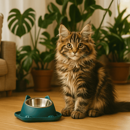 Gamelle chaton bol inox support surélevé incliné bleu et maine coon chaton dans salon - Bowl Design™