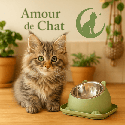 Gamelle chaton 2en1 bol inox et support surélevé avec chaton maine coon dans cuisine - Bowl Design™