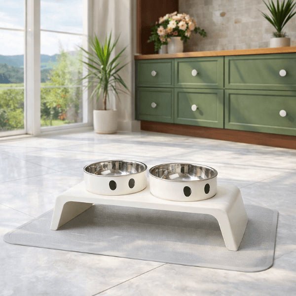 Gamelle double chat surélevée blanche stable avec bols inox