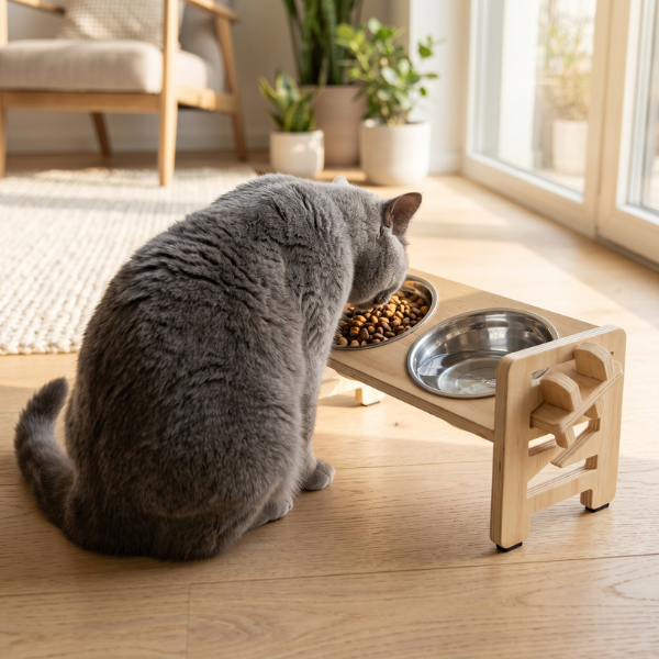 Chat british shortair mange dans gamelle double pour chat surélevée bois repas confortable