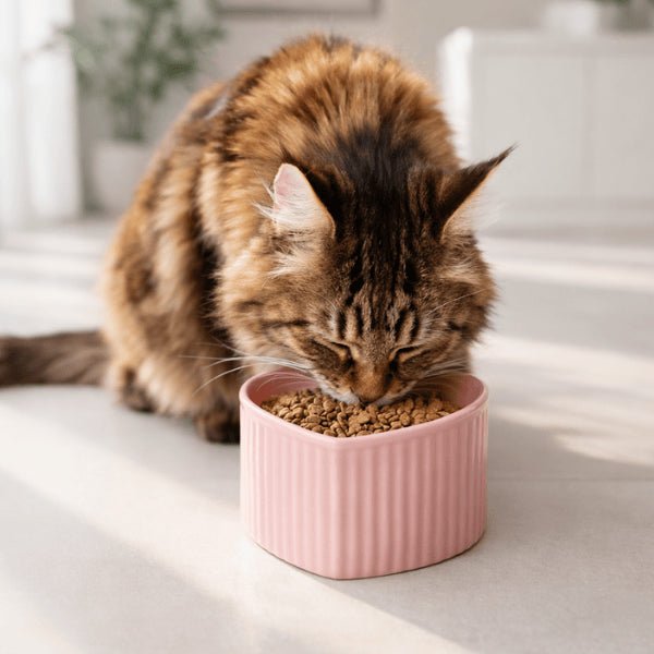 Maine Coon mange proprement grâce à une gamelle en céramique pour chat surélevée