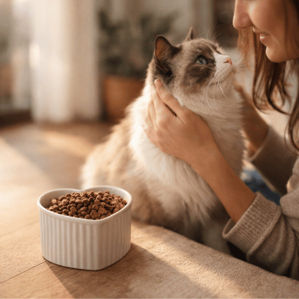 Une Ragdoll reste détendue après manger dans une gamelle en céramique pour chat