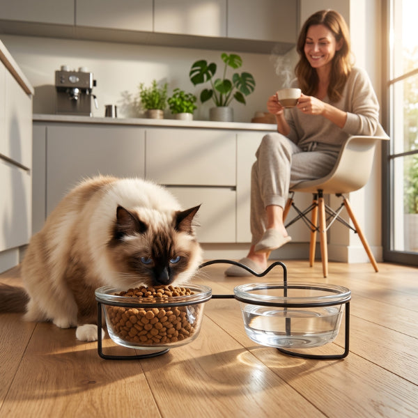 Gamelle en verre pour chat avec eau et croquettes sur support ergonomique élégant repas sacré de birmanie