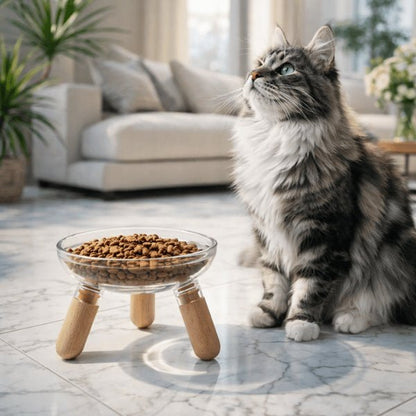 Gamelle pour chat surélevée design 3 pieds en bois avec croquettes repas maine coon salon