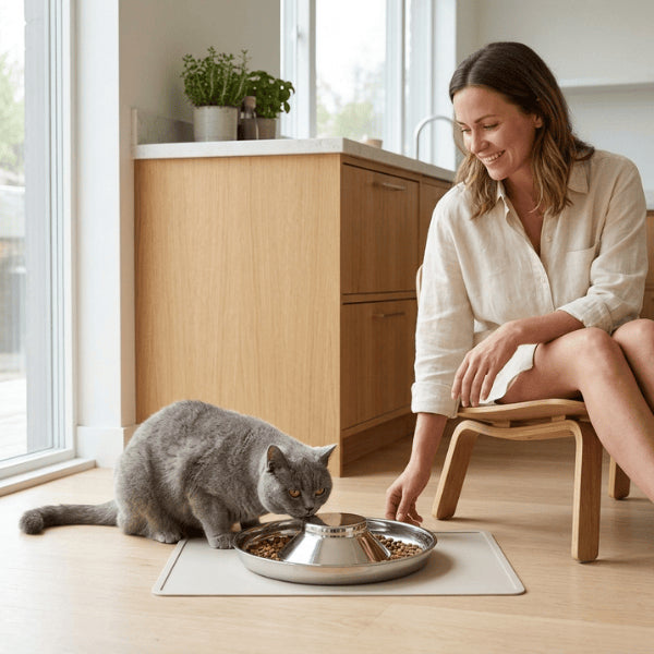 Chat british shortair mange dans gamelle glouton chat inox pour ralentir repas et améliorer digestion