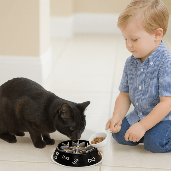 Enfant donne repas chat avec gamelle pour chat anti glouton silicone InterBowl™