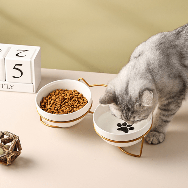 Gamelle pour chat double bol céramique blanc support surélevée doré et félin gris boit - Bol-CéramiCat™