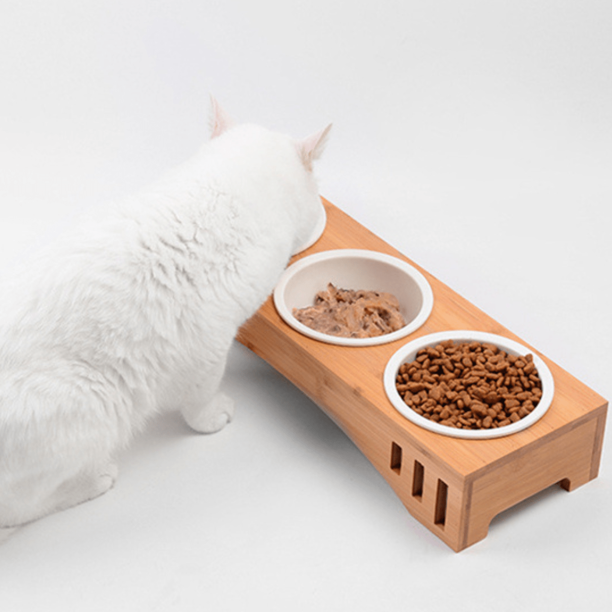 Gamelle pour chat triple bol céramique support bois surélevé chat mange repas - Céraminox-Cat™