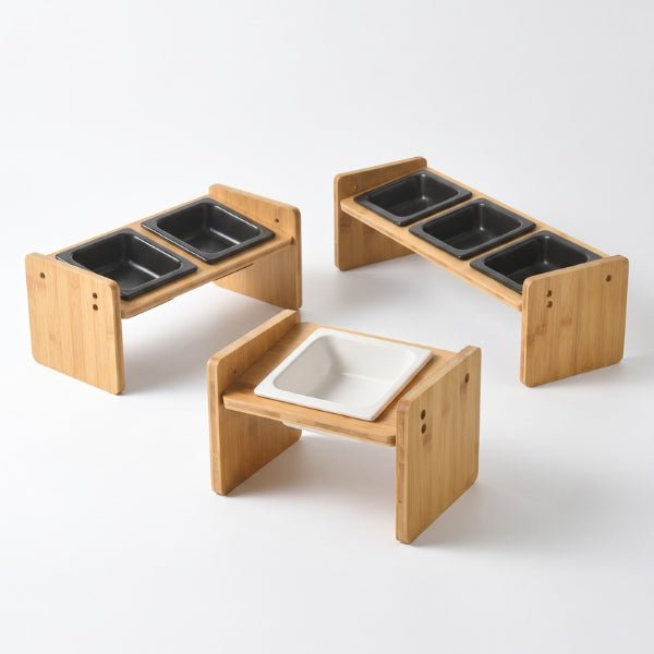 Gamelle pour chat céramique design support bois naturel élégant simple double et triple blanc et noir