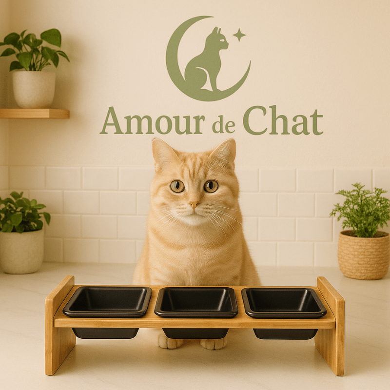 Gamelle pour chat céramique triple bol carré noir support bois surélevé incliné et félin beige cuisine