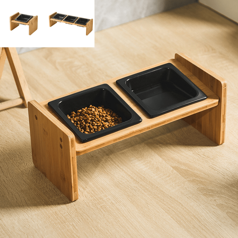 Gamelle pour chat céramique double bol carré noir support bois massif surélevé - Daily-Moustache™