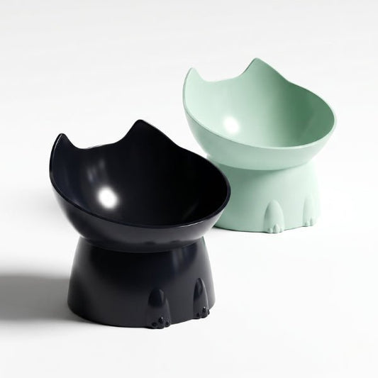 Gamelle pour chat design tête de chat inclinée surélevée noire et verte