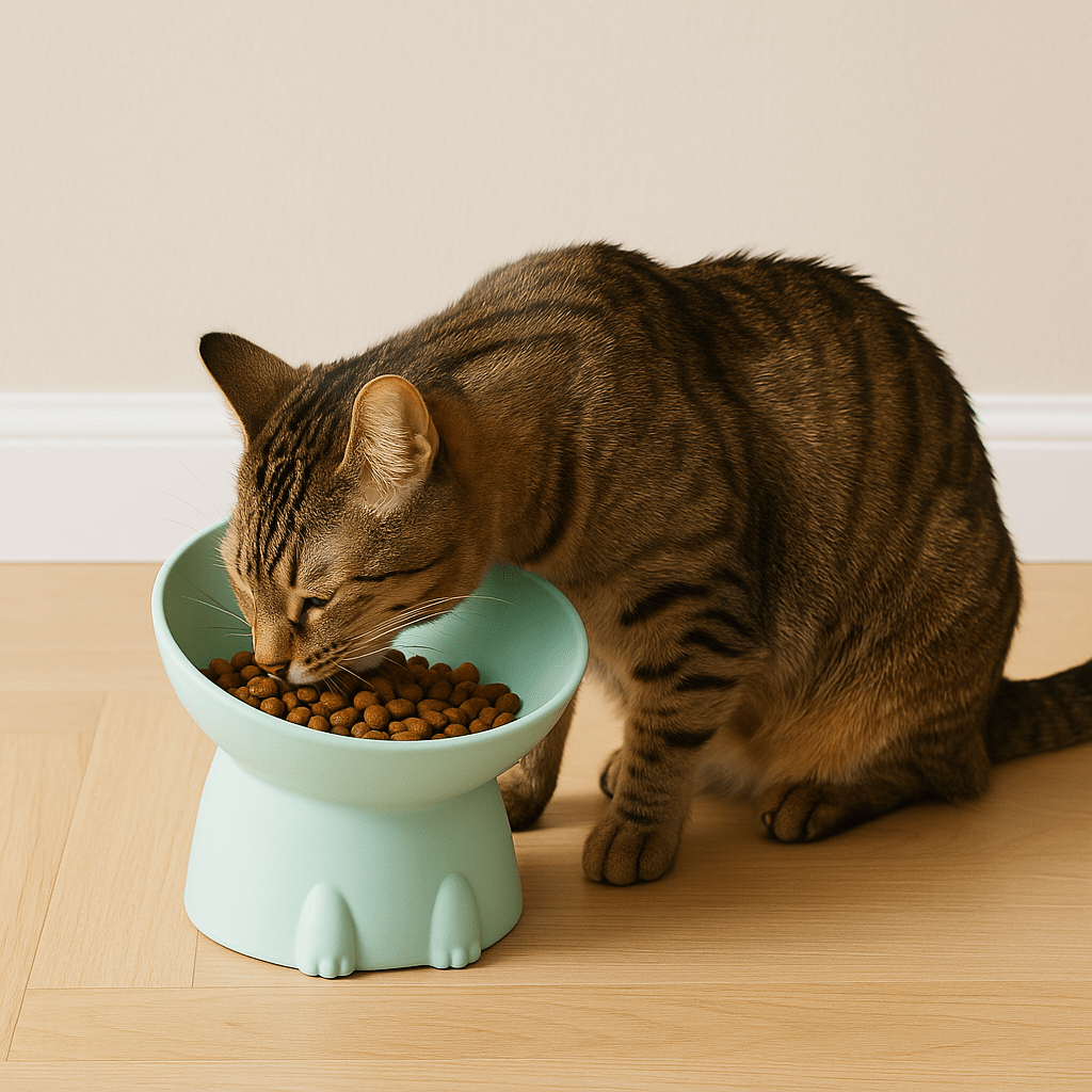 Félin tigré qui mange dans gamelle pour chat inclinée surélevée verte sol salon - Dîner-Levé™