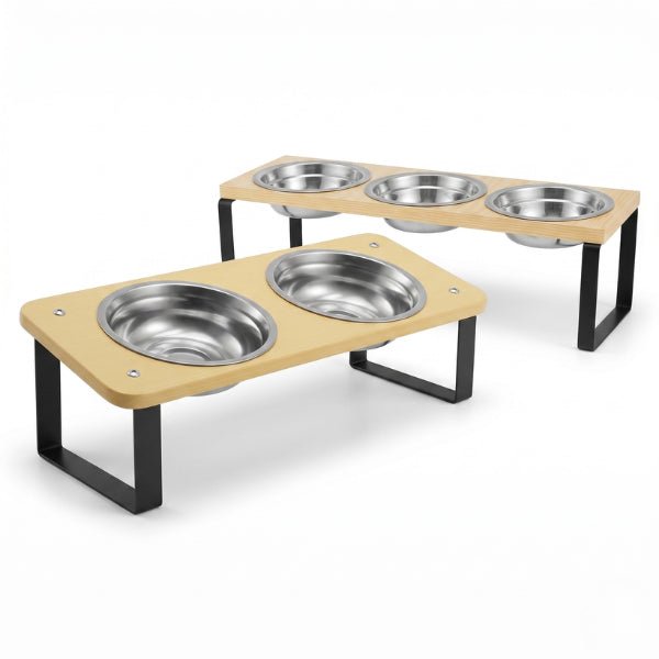 Gamelle pour chat triple et double bols inox amovibles support bois naturel et pieds en fer noir