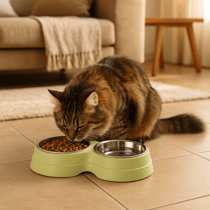 Gamelle pour chat double bol inox support vert et maine coon mange croquettes sol salon - DoubleCat-Classic™