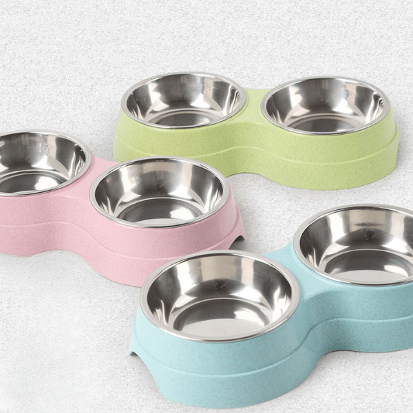 Gamelle pour chat double bol inox support colorée par trois vert rose et bleu - DoubleCat-Classic™