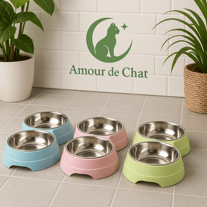 Gamelle pour chat double bol support coloré par trois dans cuisine - DoubleCat-Classic™