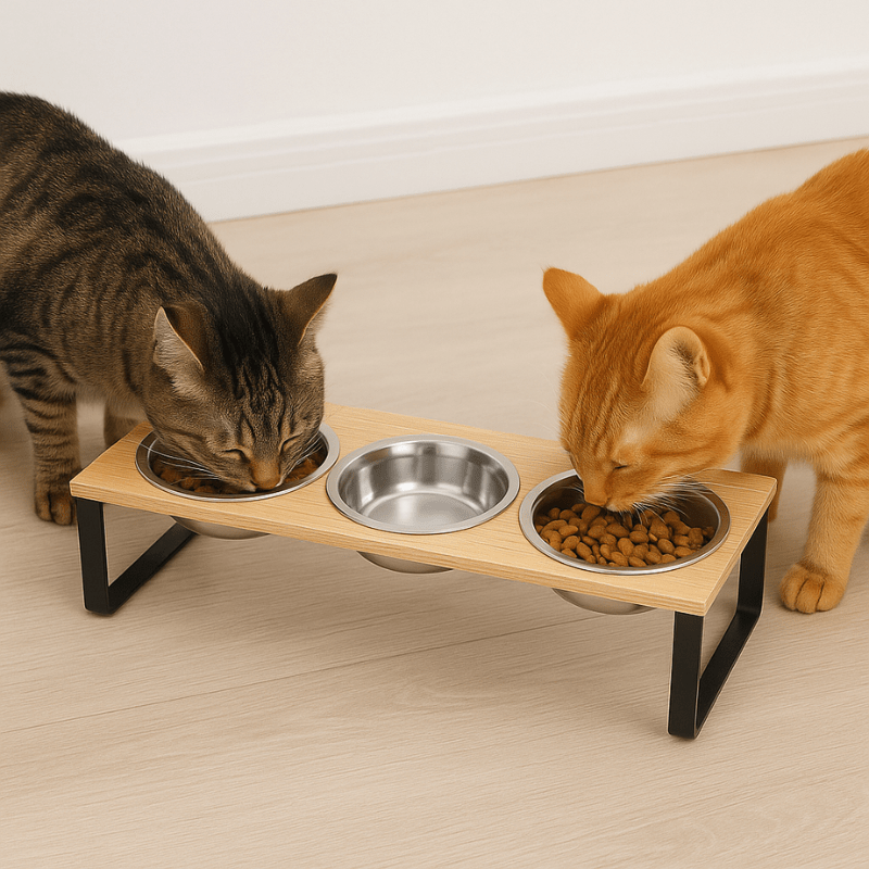 Gamelle pour chat triple bol support surélevé avec deux chats qui mangent repas - Doux-Festin™