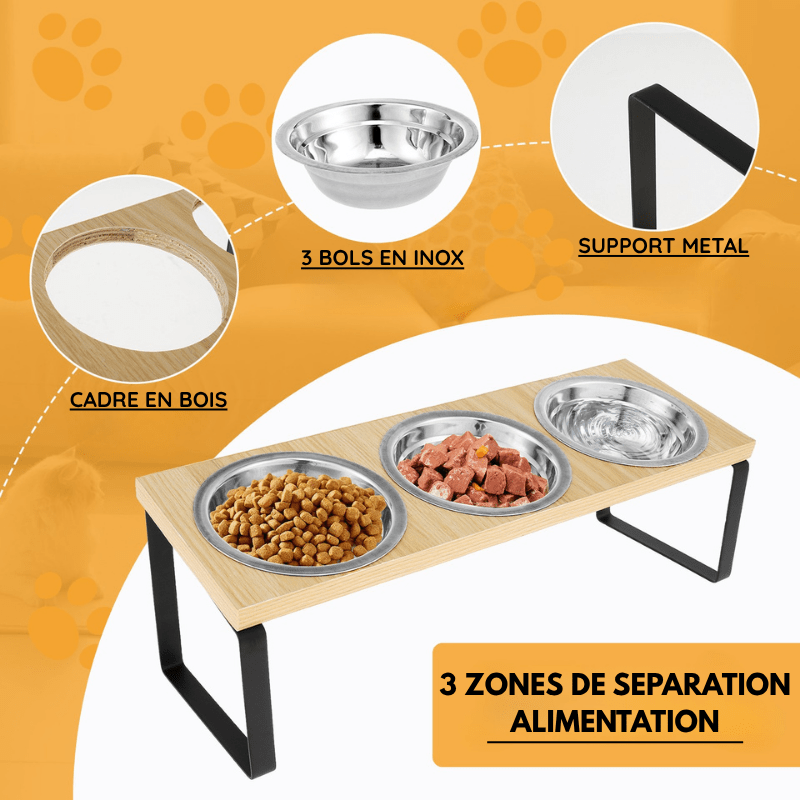 Gamelle pour chat triple bol séparé support bois et métal alimentation 3en1 - Doux-Festin™