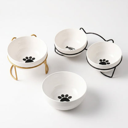 Gamelle pour chat ergonomique en céramique sur support en fer simple et double or et noir