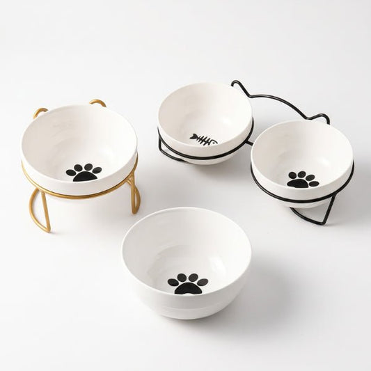Gamelle pour chat ergonomique en céramique sur support en fer simple et double or et noir