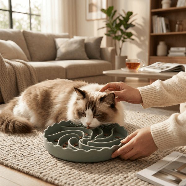 Chat ragdoll utilise gamelle pour chat glouton pour réduire vitesse et éviter vomissements
