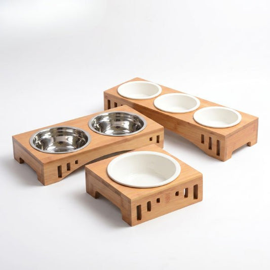 Gamelle pour chat surélevée support bois bambou simple double et triple bol inox et céramique