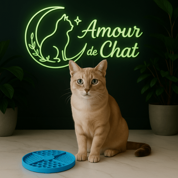 Chat utilisant une gamelle anti glouton chat Base AntiCroc™ bleu - Amour de Chat