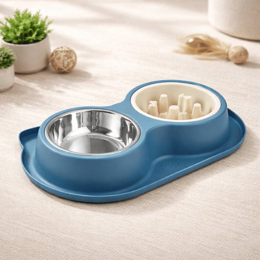 Gamelles anti glouton chat double à bols amovibles avec support silicone stable et durable