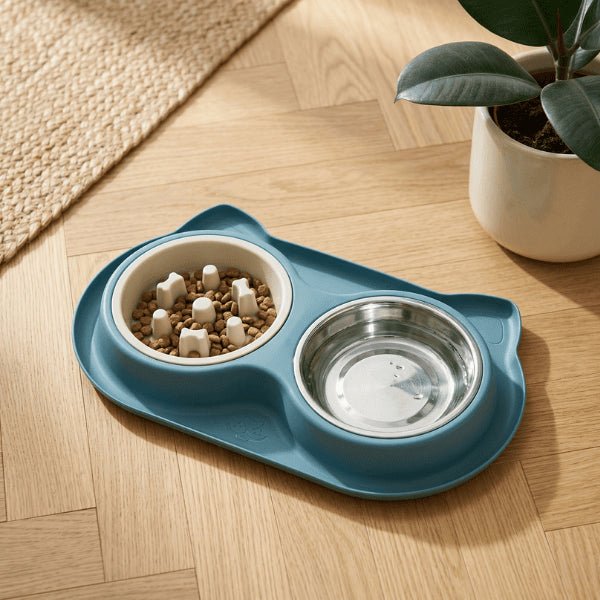 Gamelles anti glouton chat design oreilles avec double bol pour alimentation lente