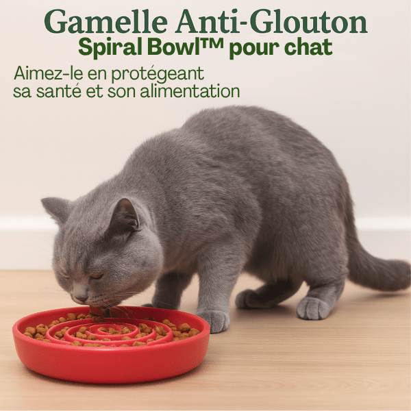 Chat utilisant une gamelle anti glouton chat Spiral Bowl™ rouge avec croquettes