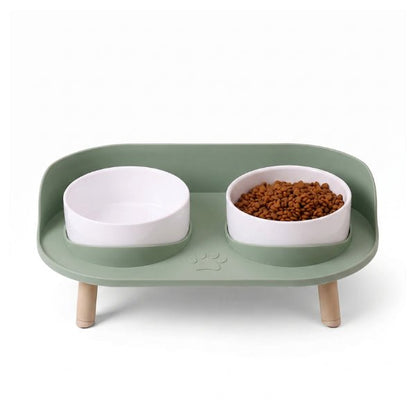 Gamelles chat double surélevées céramique sur plateau protection anti éclaboussures pout sol propre