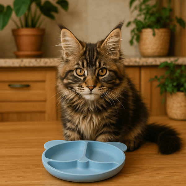 Gamelles chaton 3 en 1 silicone bleu ronde tête chat avec chaton maine coon dans cuisine - SiliCroc™