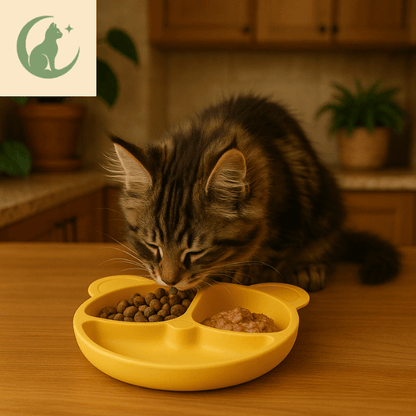 Gamelles chaton 3 en 1 jaune en silicone avec repas maine coon tigré dans cuisine - SiliCroc™